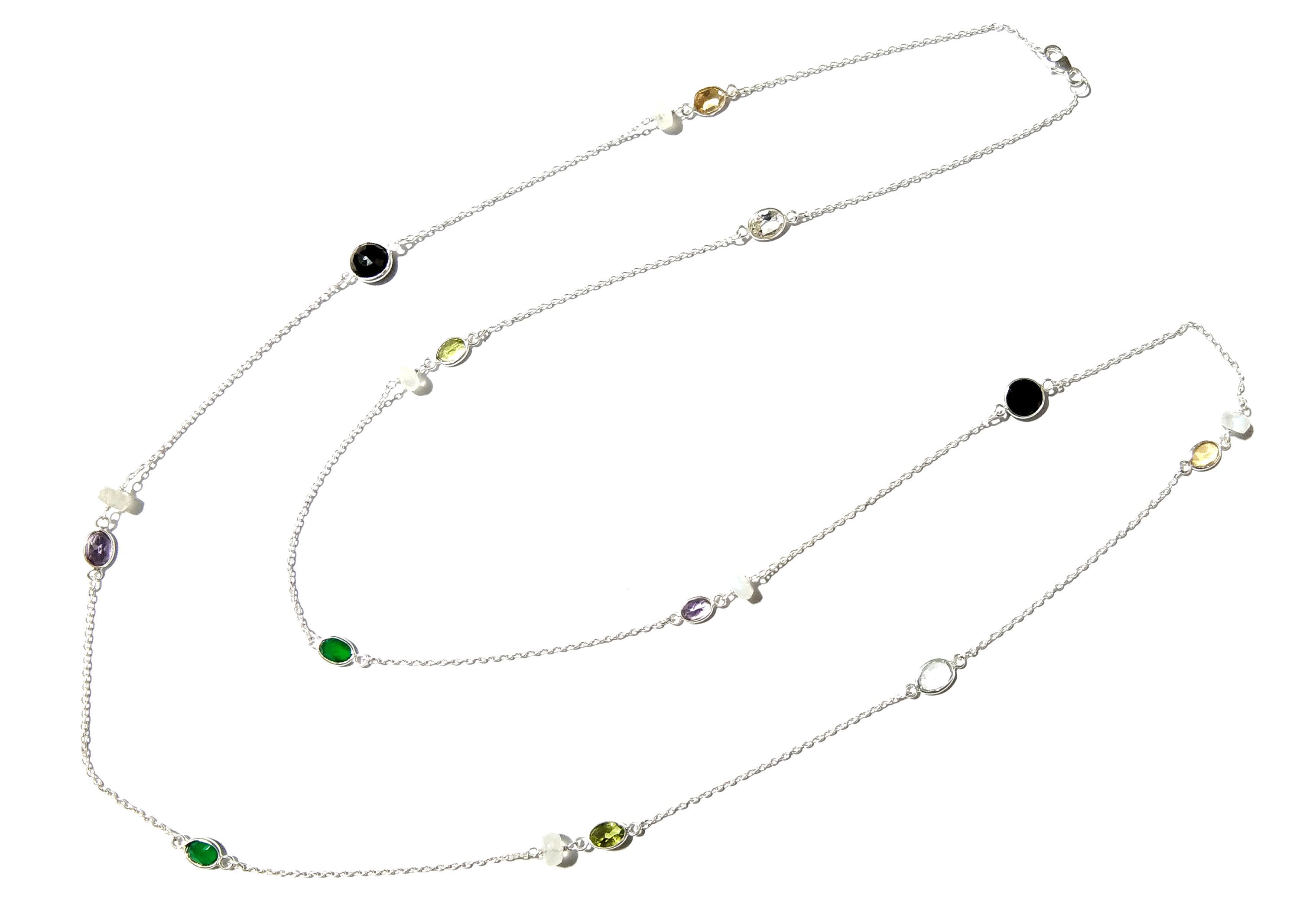 Beautiful Nice Multi Stone Beaded Log Necklace ! Natural Gemstone With 925 Starling Silver Necklace For Girls,Women Necklace Length 36 inch.